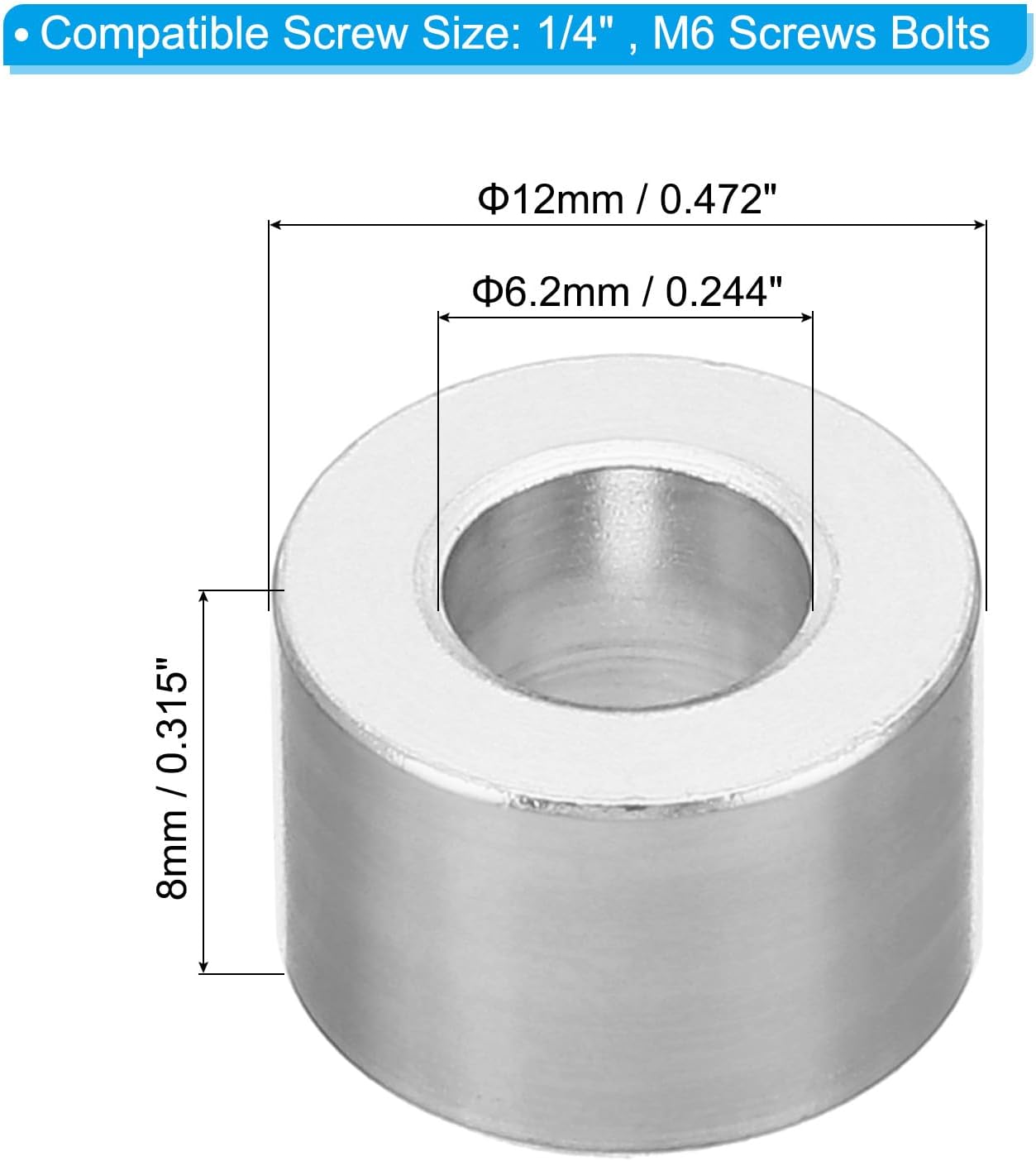 Aluminum Spacer 1/2" OD x 1/4" ID x Choose Your Length, Round Spacer Unthreaded Standoff Bushing